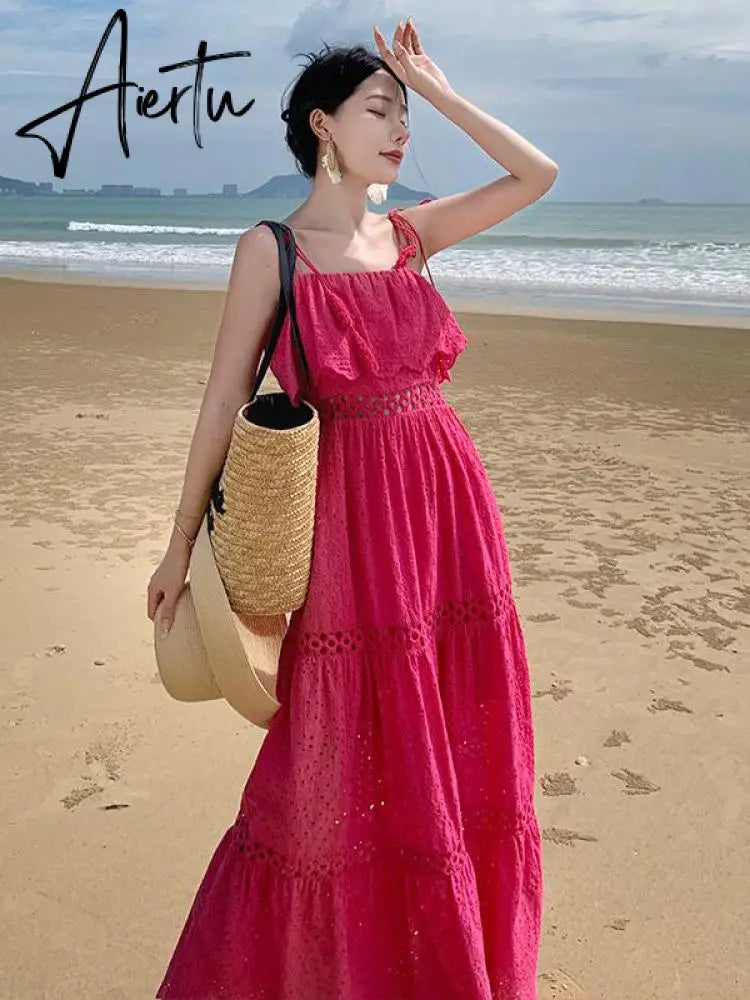 Temperment Goddess Ruffle Edge Hollow Out Fairy Slip Dress Women Elegant Festival Sweet Slim Dress Ladies Party Summer Backless Aiertu