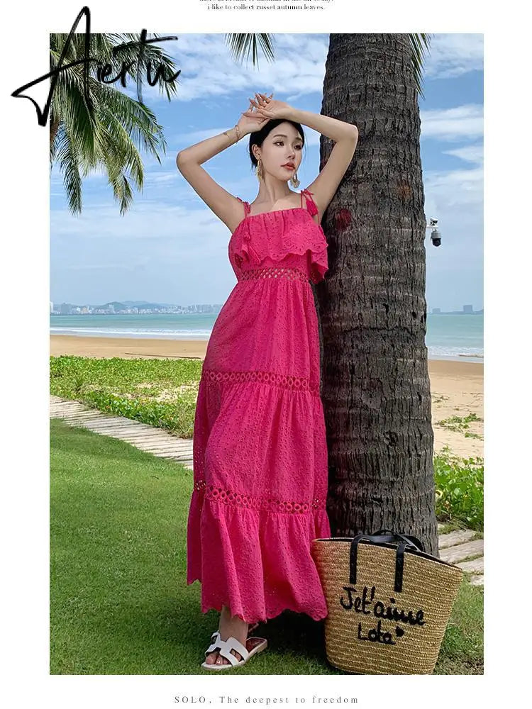 Temperment Goddess Ruffle Edge Hollow Out Fairy Slip Dress Women Elegant Festival Sweet Slim Dress Ladies Party Summer Backless Aiertu