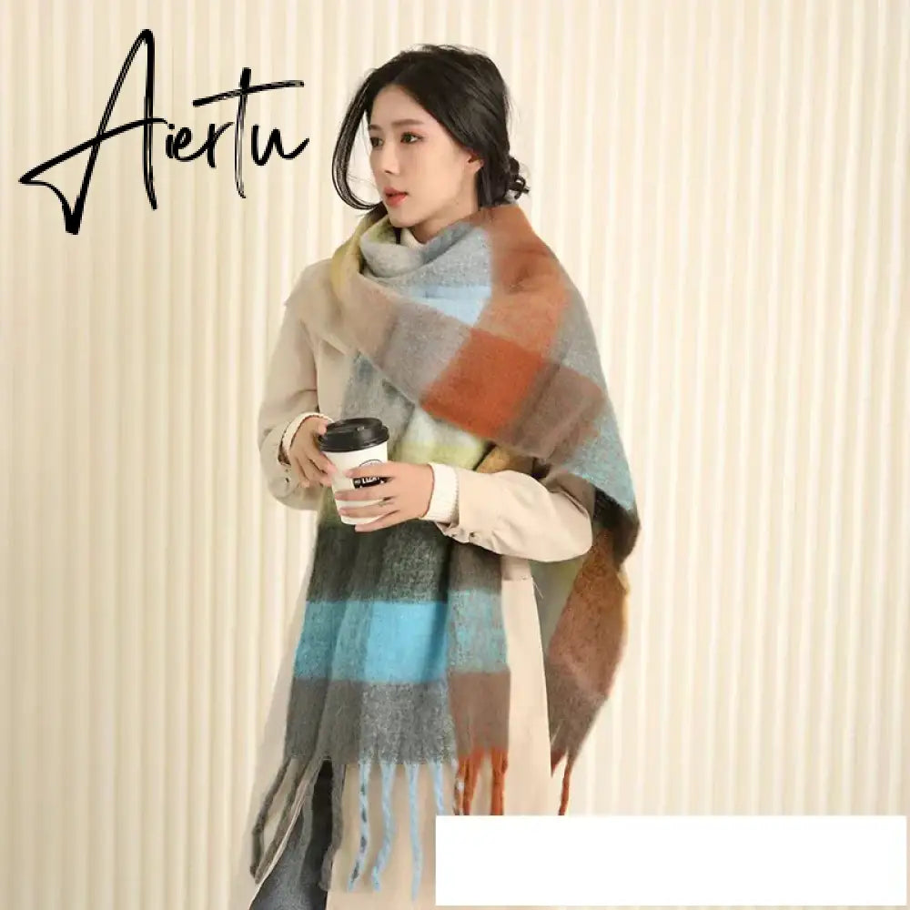 Thick Warm Winter Scarf  New Women Plaid Design Pashmina Shawls Cashmere Shawl Lady Wrap Tassel Scarves Knitted Men Foulard Aiertu