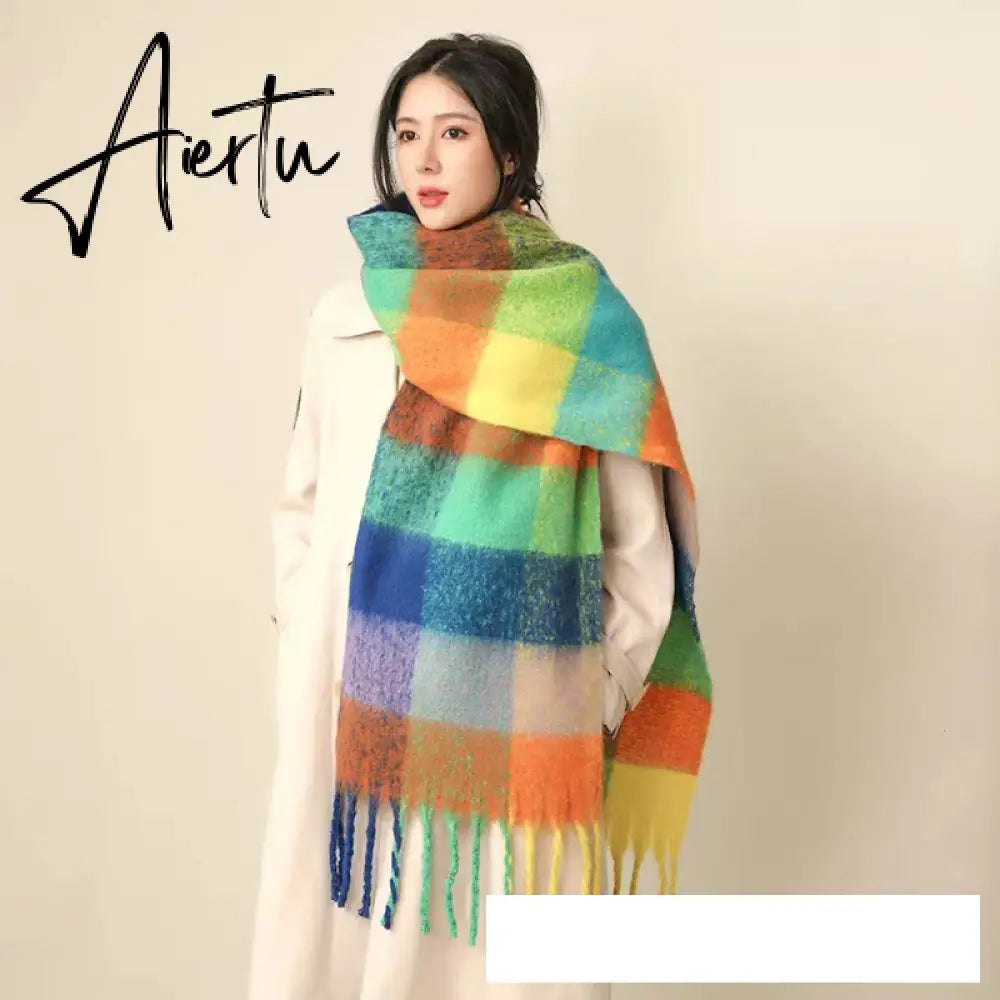 Thick Warm Winter Scarf  New Women Plaid Design Pashmina Shawls Cashmere Shawl Lady Wrap Tassel Scarves Knitted Men Foulard Aiertu
