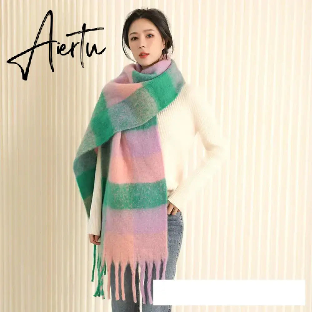 Thick Warm Winter Scarf  New Women Plaid Design Pashmina Shawls Cashmere Shawl Lady Wrap Tassel Scarves Knitted Men Foulard Aiertu