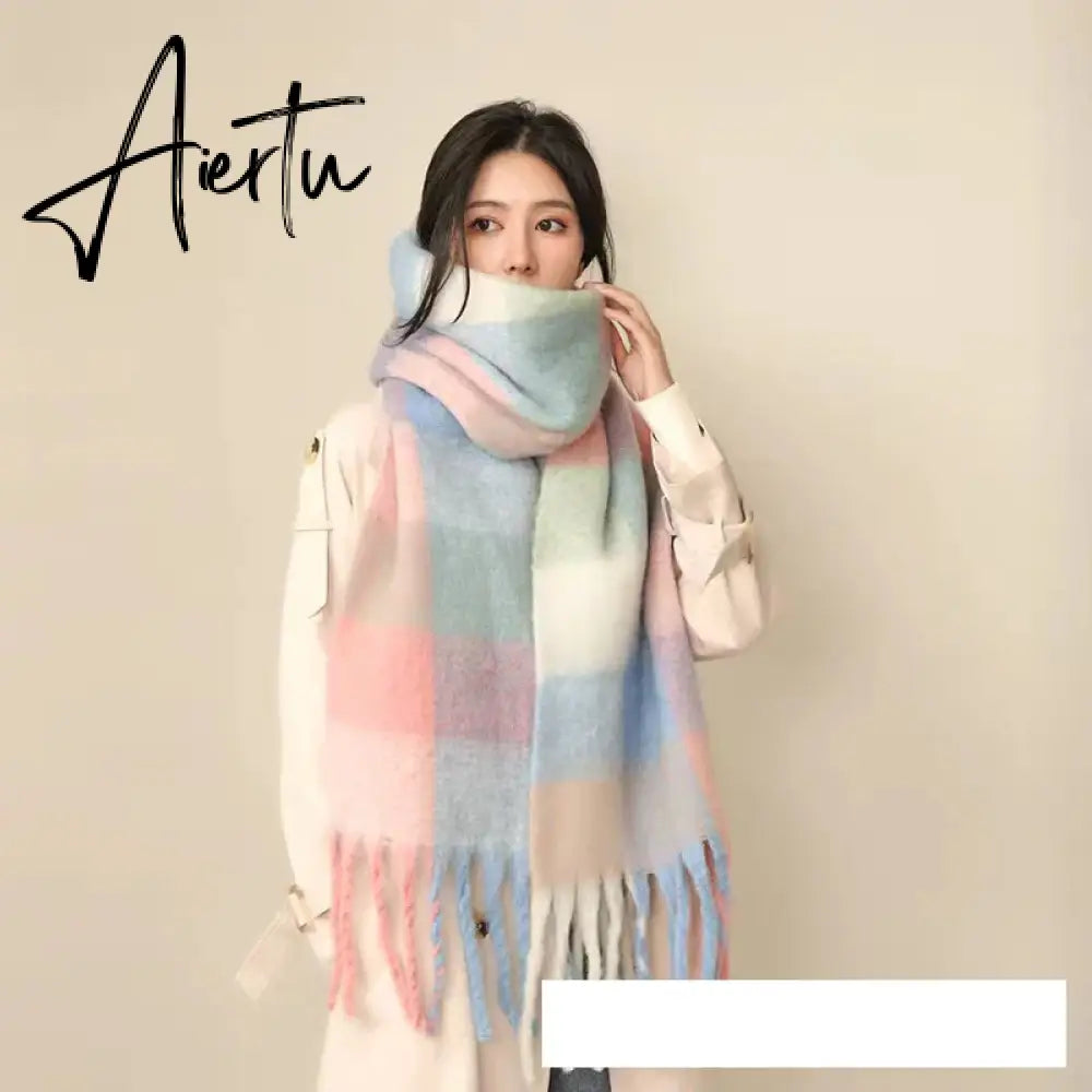 Thick Warm Winter Scarf  New Women Plaid Design Pashmina Shawls Cashmere Shawl Lady Wrap Tassel Scarves Knitted Men Foulard Aiertu