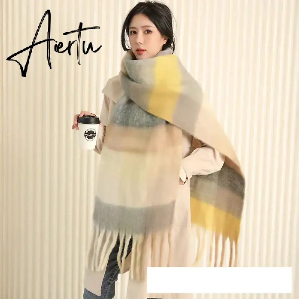 Thick Warm Winter Scarf  New Women Plaid Design Pashmina Shawls Cashmere Shawl Lady Wrap Tassel Scarves Knitted Men Foulard Aiertu