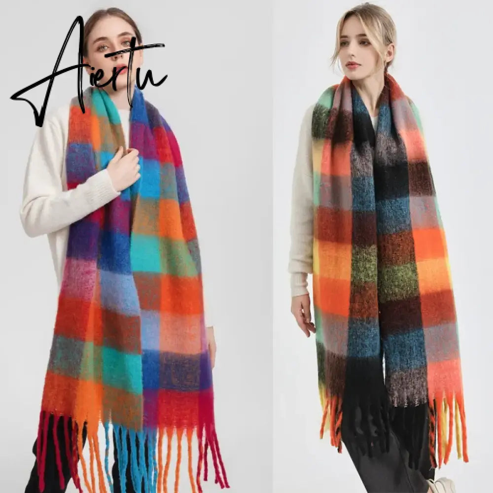 Thick Warm Winter Scarf  New Women Plaid Design Pashmina Shawls Cashmere Shawl Lady Wrap Tassel Scarves Knitted Men Foulard Aiertu