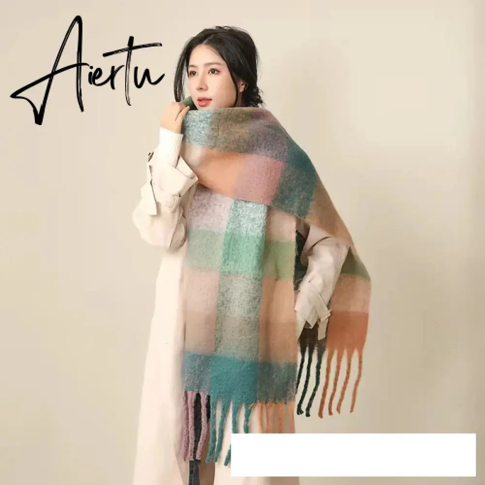 Thick Warm Winter Scarf  New Women Plaid Design Pashmina Shawls Cashmere Shawl Lady Wrap Tassel Scarves Knitted Men Foulard Aiertu