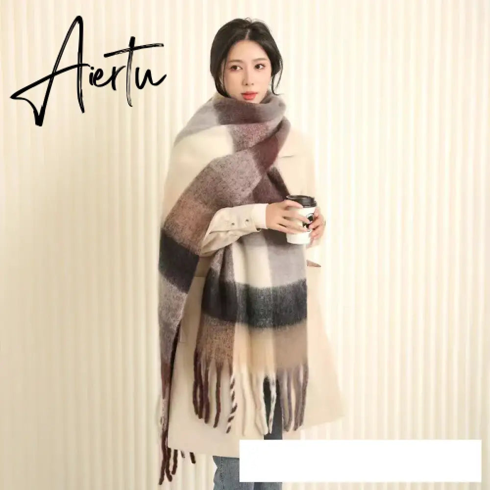Thick Warm Winter Scarf  New Women Plaid Design Pashmina Shawls Cashmere Shawl Lady Wrap Tassel Scarves Knitted Men Foulard Aiertu
