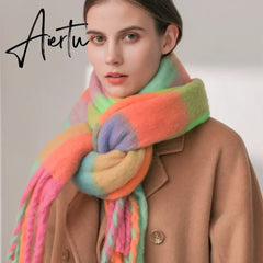 Thick Warm Winter Scarf  New Women Plaid Design Pashmina Shawls Cashmere Shawl Lady Wrap Tassel Scarves Knitted Men Foulard Aiertu