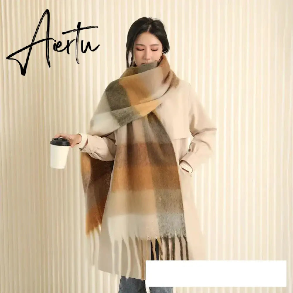Thick Warm Winter Scarf  New Women Plaid Design Pashmina Shawls Cashmere Shawl Lady Wrap Tassel Scarves Knitted Men Foulard Aiertu