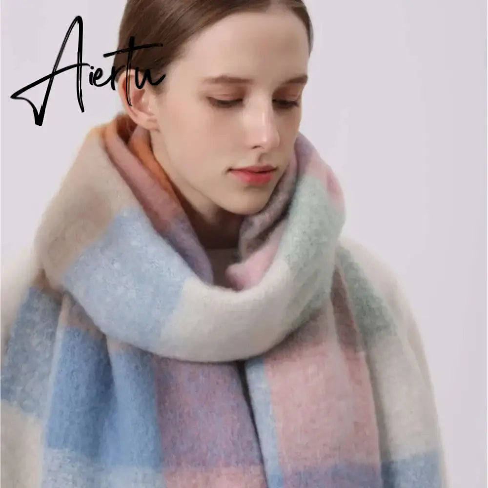 Thick Warm Winter Scarf  New Women Plaid Design Pashmina Shawls Cashmere Shawl Lady Wrap Tassel Scarves Knitted Men Foulard Aiertu