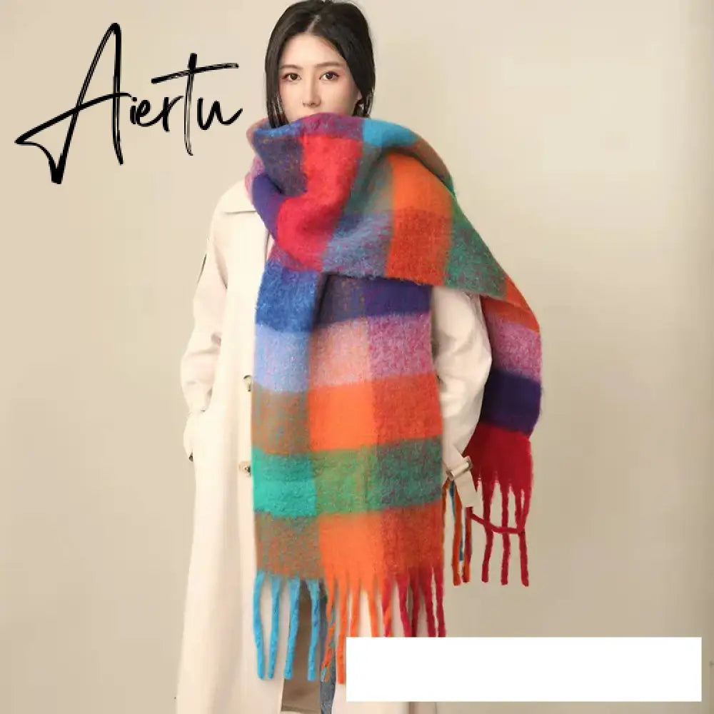 Thick Warm Winter Scarf  New Women Plaid Design Pashmina Shawls Cashmere Shawl Lady Wrap Tassel Scarves Knitted Men Foulard Aiertu