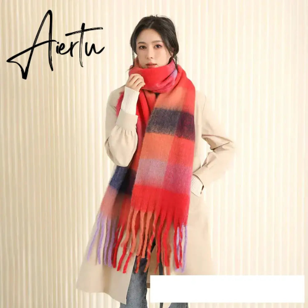 Thick Warm Winter Scarf  New Women Plaid Design Pashmina Shawls Cashmere Shawl Lady Wrap Tassel Scarves Knitted Men Foulard Aiertu