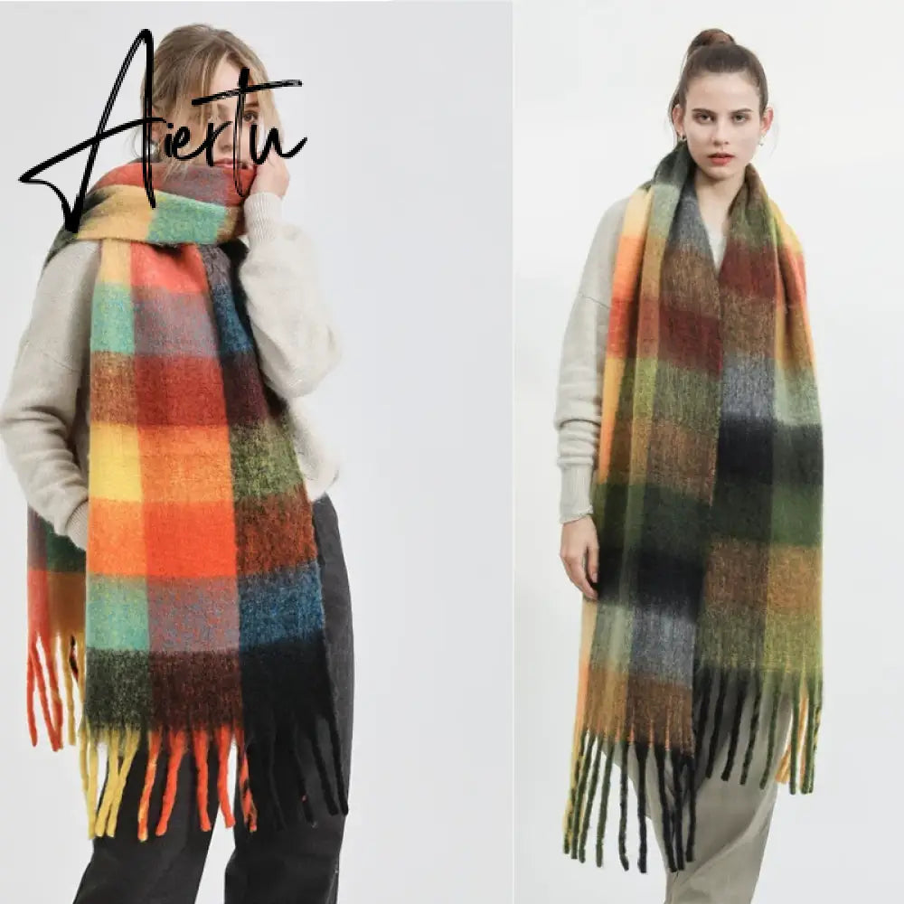 Thick Warm Winter Scarf  New Women Plaid Design Pashmina Shawls Cashmere Shawl Lady Wrap Tassel Scarves Knitted Men Foulard Aiertu