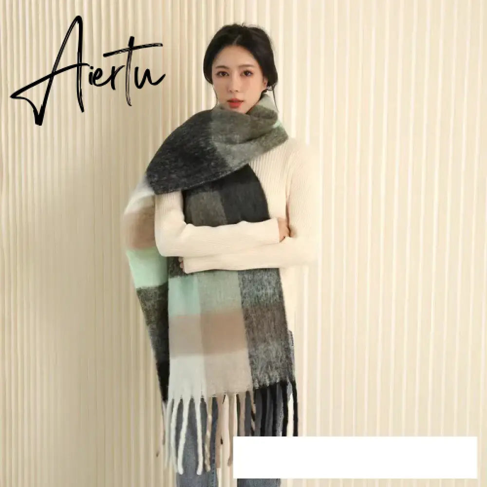 Thick Warm Winter Scarf  New Women Plaid Design Pashmina Shawls Cashmere Shawl Lady Wrap Tassel Scarves Knitted Men Foulard Aiertu