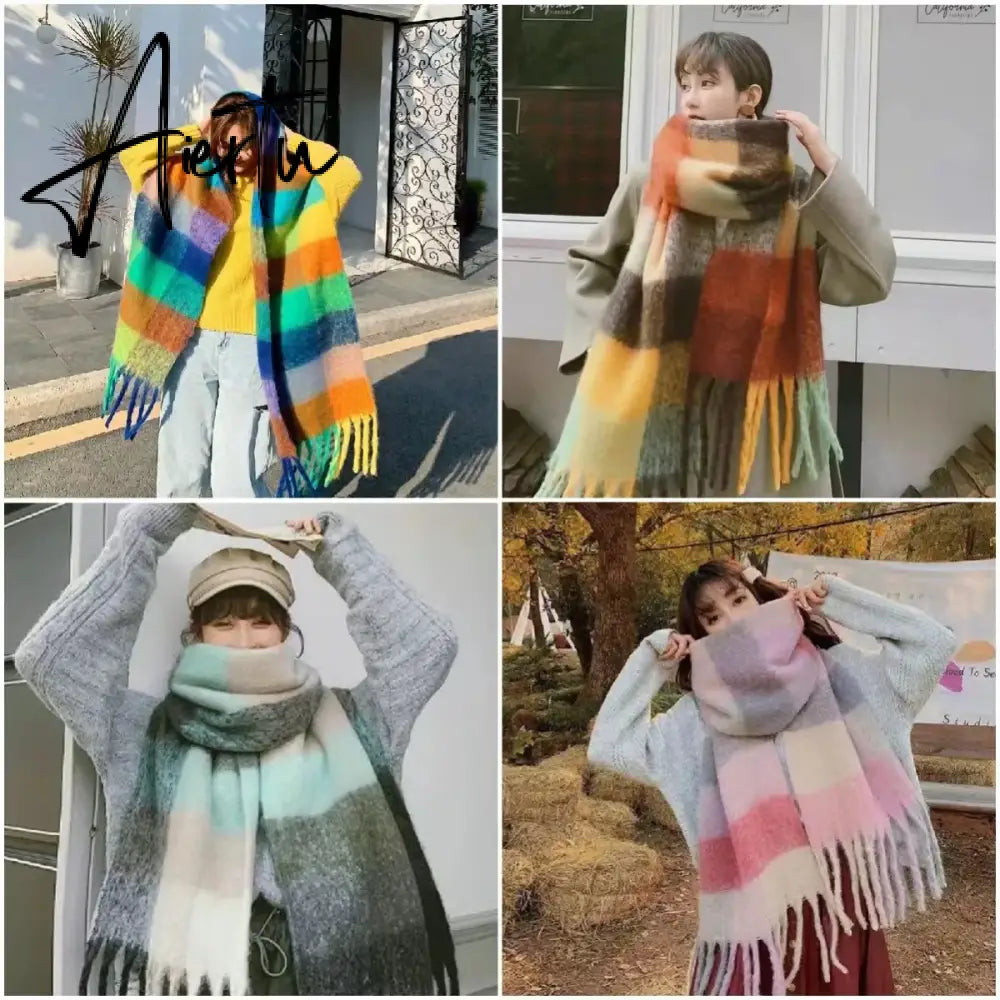 Thick Warm Winter Scarf  New Women Plaid Design Pashmina Shawls Cashmere Shawl Lady Wrap Tassel Scarves Knitted Men Foulard Aiertu