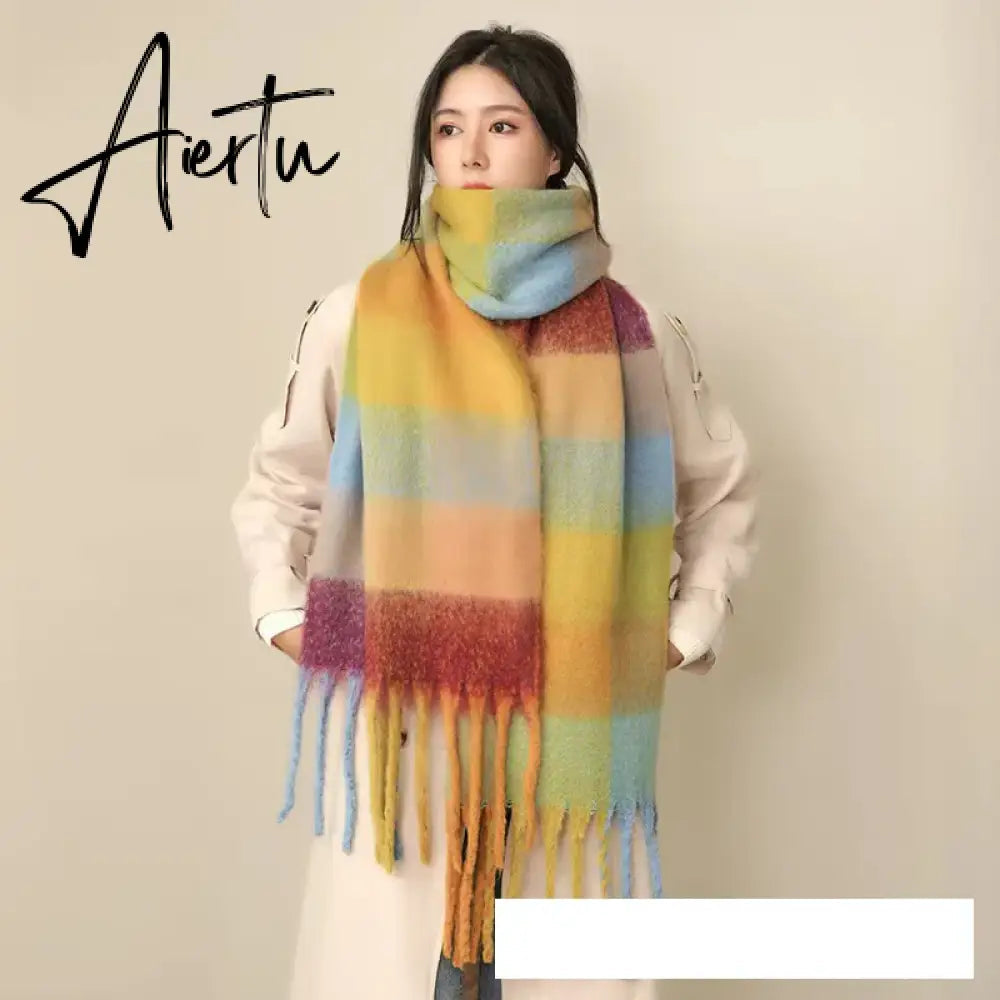 Thick Warm Winter Scarf  New Women Plaid Design Pashmina Shawls Cashmere Shawl Lady Wrap Tassel Scarves Knitted Men Foulard Aiertu