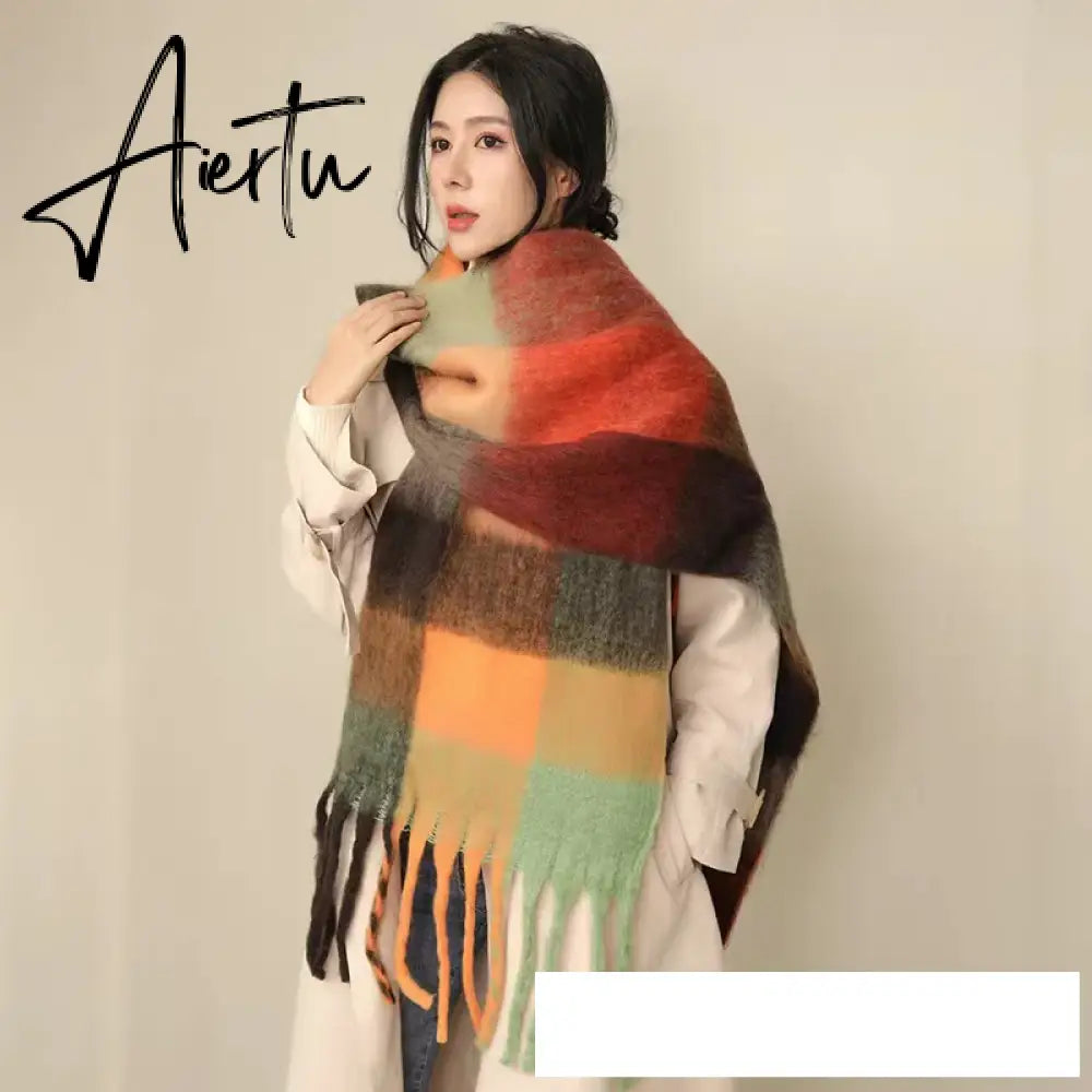 Thick Warm Winter Scarf  New Women Plaid Design Pashmina Shawls Cashmere Shawl Lady Wrap Tassel Scarves Knitted Men Foulard Aiertu