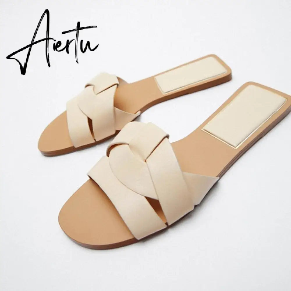 TRAF  Summer Women Flat Sandals Green Metal Chain Slippers Slip on Sandals Slides Peep Toe Beach Shoes Comfortable Flats Aiertu
