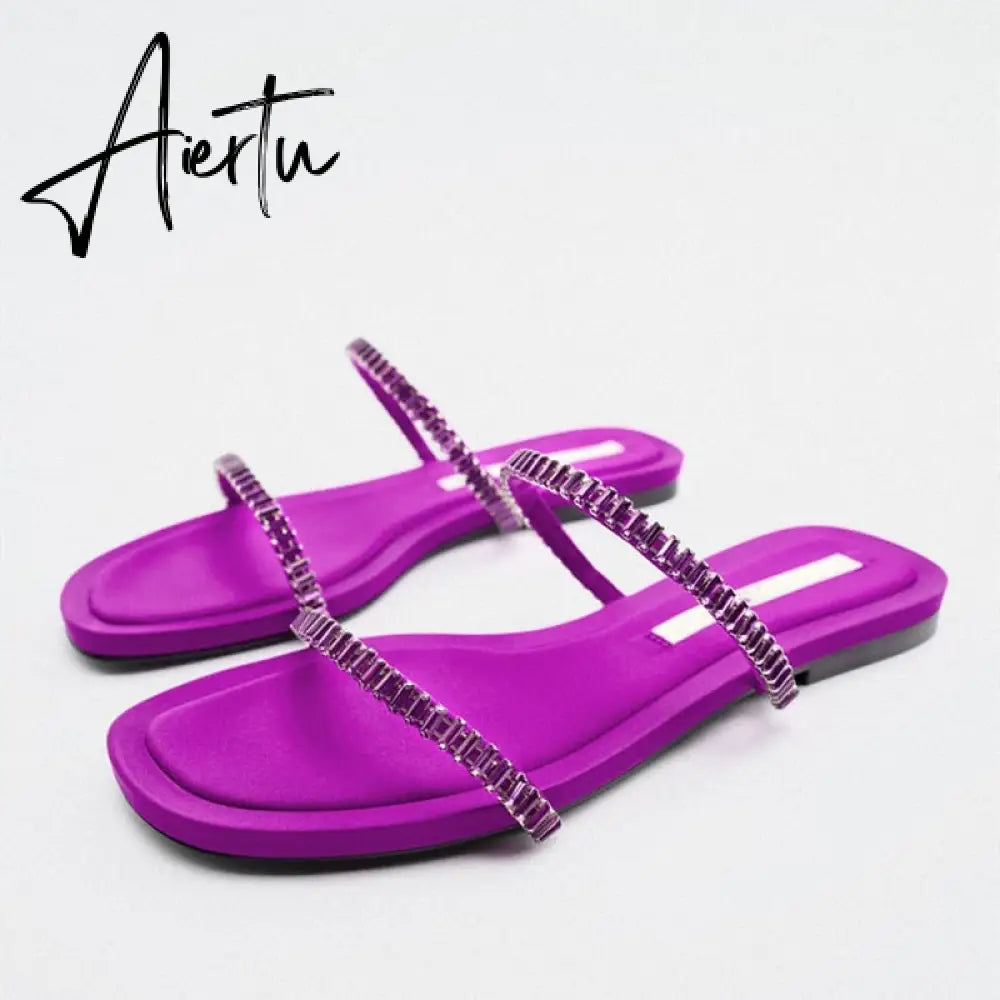 TRAF  Summer Women Flat Sandals Green Metal Chain Slippers Slip on Sandals Slides Peep Toe Beach Shoes Comfortable Flats Aiertu