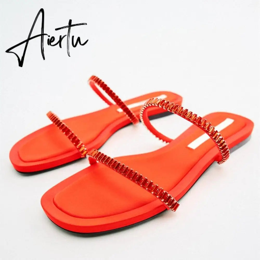 TRAF  Summer Women Flat Sandals Green Metal Chain Slippers Slip on Sandals Slides Peep Toe Beach Shoes Comfortable Flats Aiertu