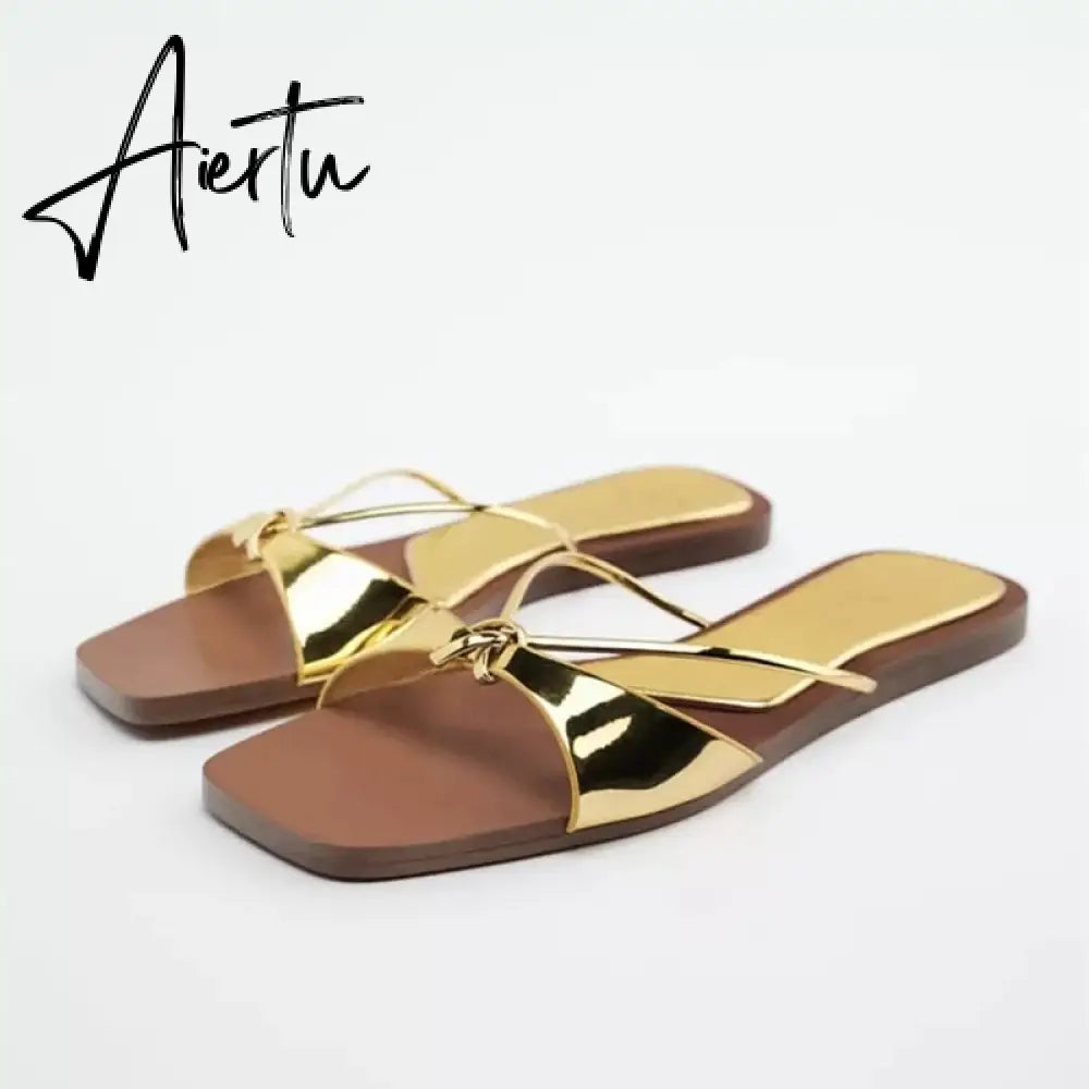 TRAF  Summer Women Flat Sandals Green Metal Chain Slippers Slip on Sandals Slides Peep Toe Beach Shoes Comfortable Flats Aiertu