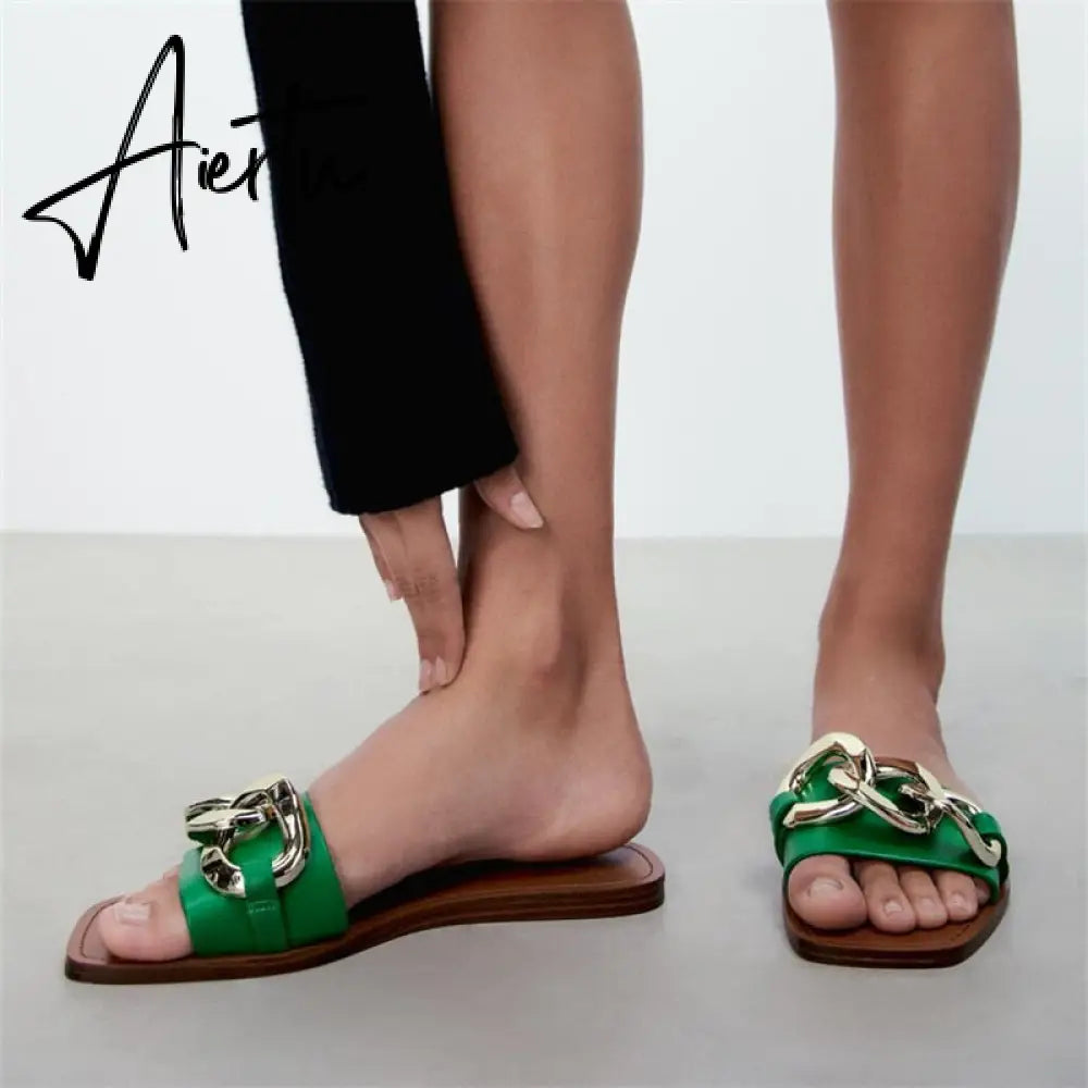 TRAF  Summer Women Flat Sandals Green Metal Chain Slippers Slip on Sandals Slides Peep Toe Beach Shoes Comfortable Flats Aiertu