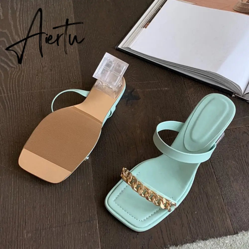 Transparent Chunky Heels Mules Slippers Ladies Fashion Metal Chain Design Pink Sandals For Women Open Toe Gladiator Shoes Slides Aiertu
