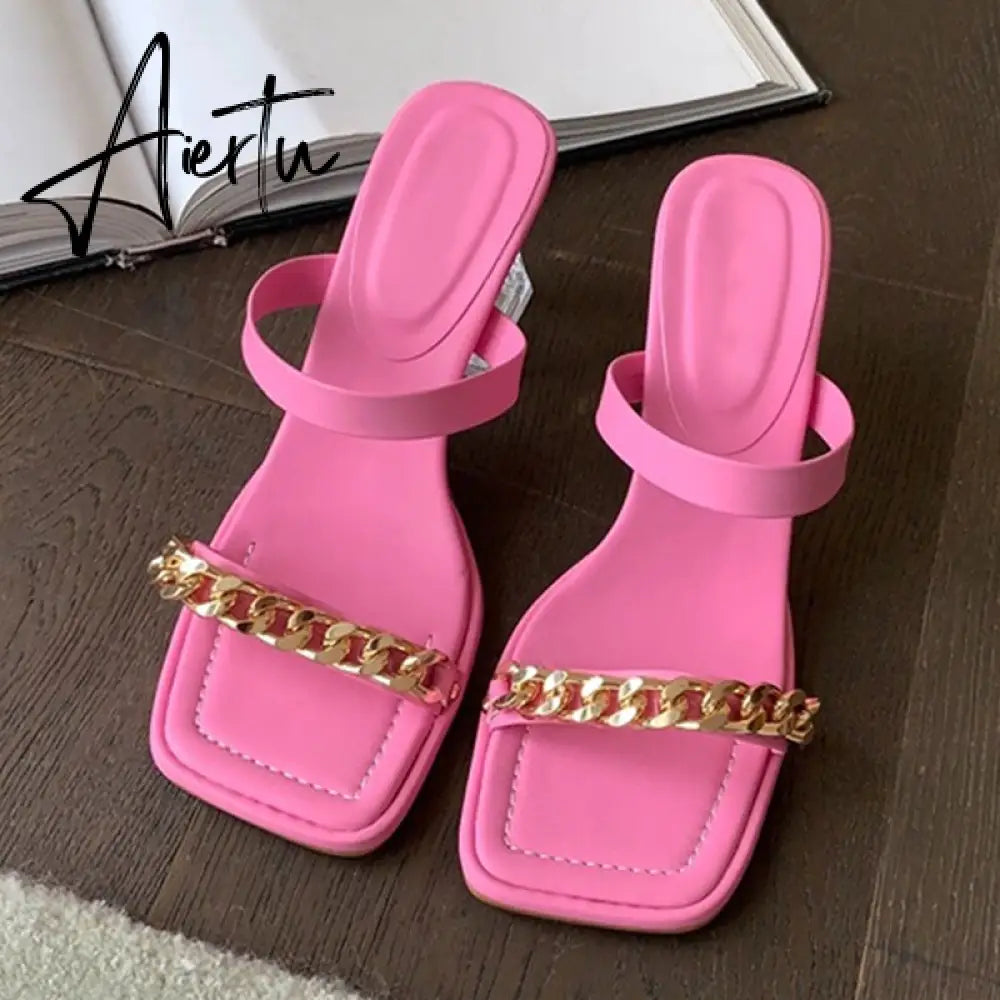Transparent Chunky Heels Mules Slippers Ladies Fashion Metal Chain Design Pink Sandals For Women Open Toe Gladiator Shoes Slides Aiertu