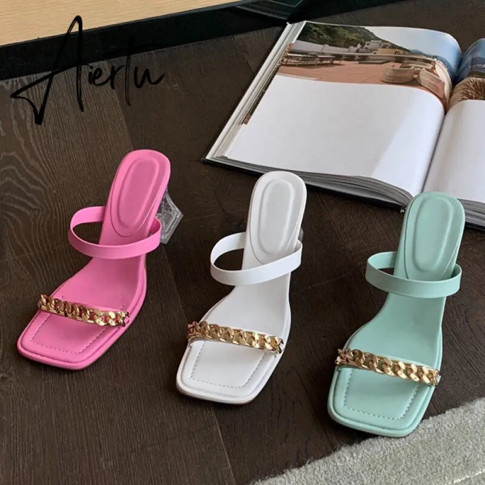 Transparent Chunky Heels Mules Slippers Ladies Fashion Metal Chain Design Pink Sandals For Women Open Toe Gladiator Shoes Slides Aiertu