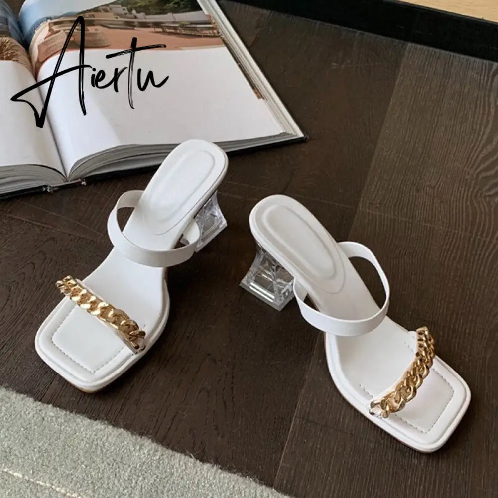 Transparent Chunky Heels Mules Slippers Ladies Fashion Metal Chain Design Pink Sandals For Women Open Toe Gladiator Shoes Slides Aiertu