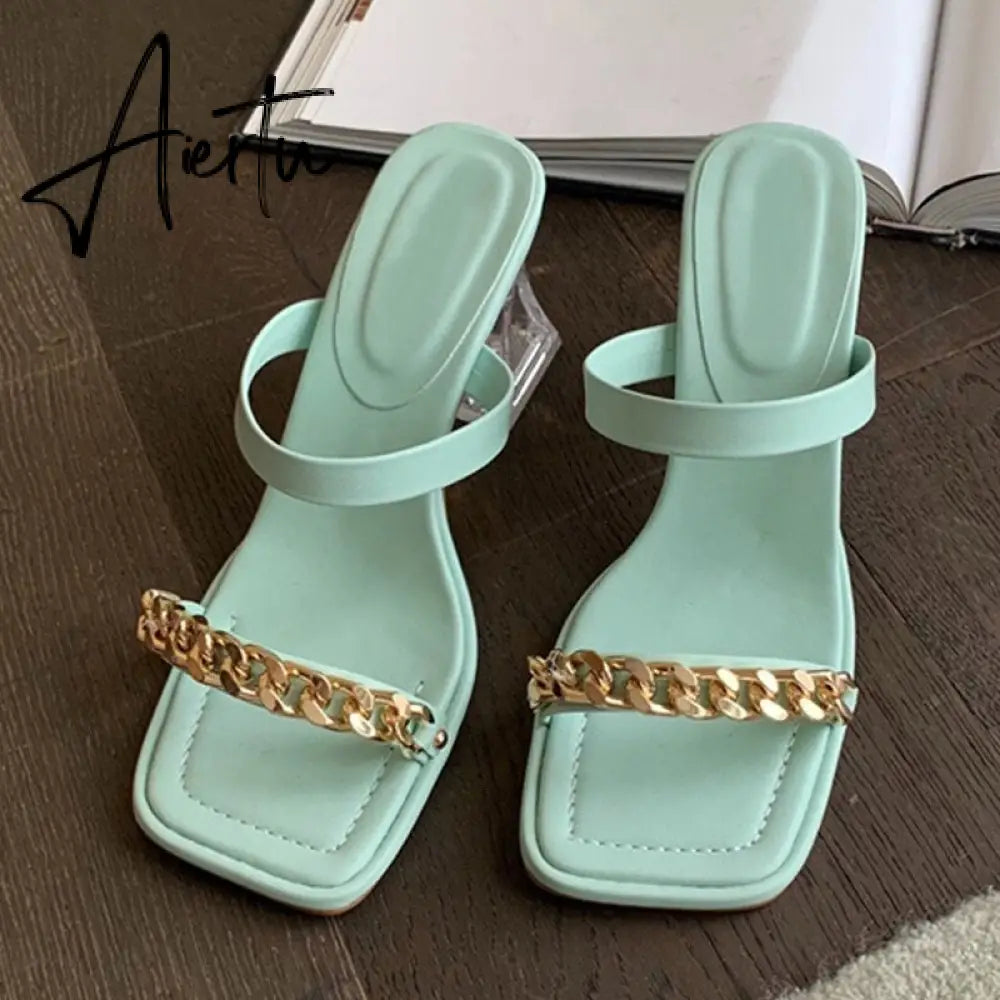 Transparent Chunky Heels Mules Slippers Ladies Fashion Metal Chain Design Pink Sandals For Women Open Toe Gladiator Shoes Slides Aiertu