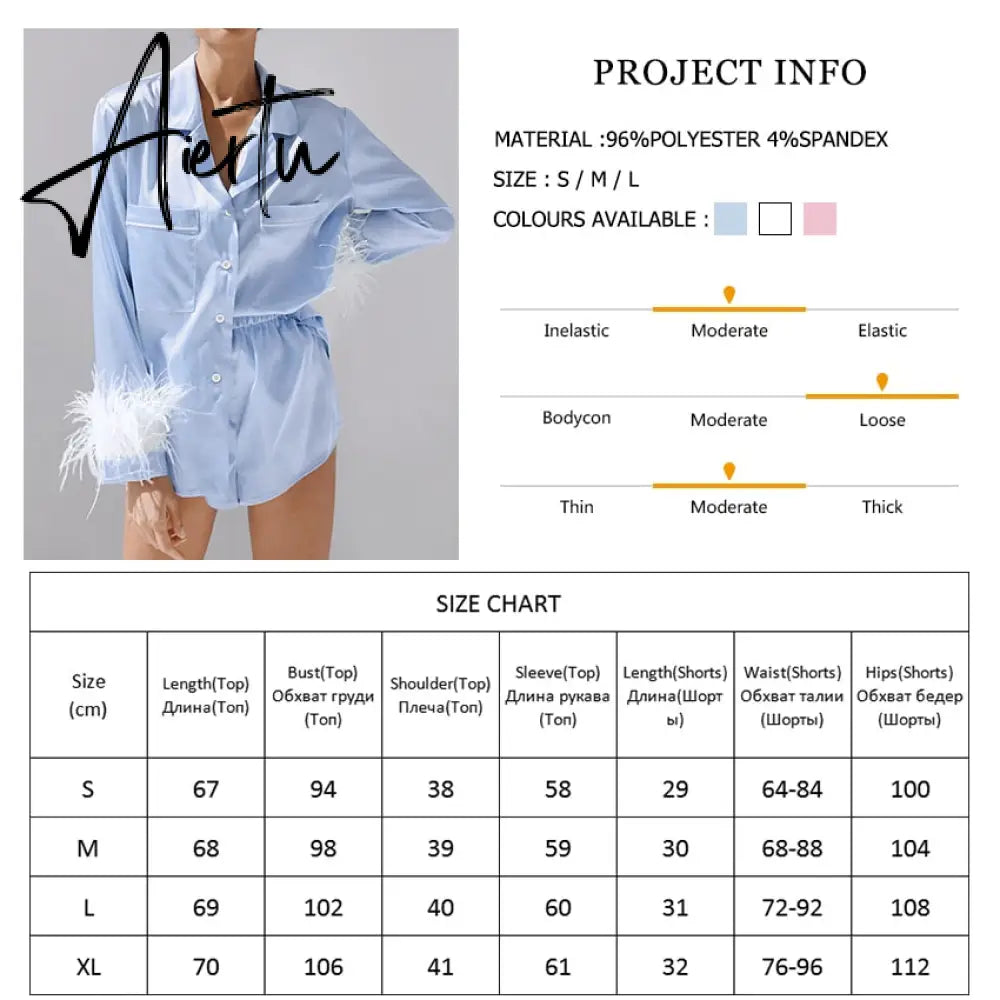 Trendy Women Pajamas Set Autumn Casual Lapel Tops + Feather 2Pcs Pants Suits Sexy Lingerie Nightwear Silk Satin Pyjamas pjs Suit Aiertu