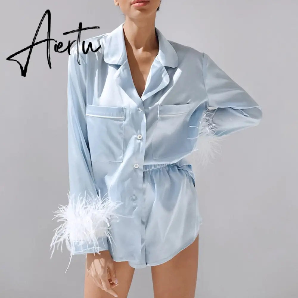 Trendy Women Pajamas Set Autumn Casual Lapel Tops + Feather 2Pcs Pants Suits Sexy Lingerie Nightwear Silk Satin Pyjamas pjs Suit Aiertu