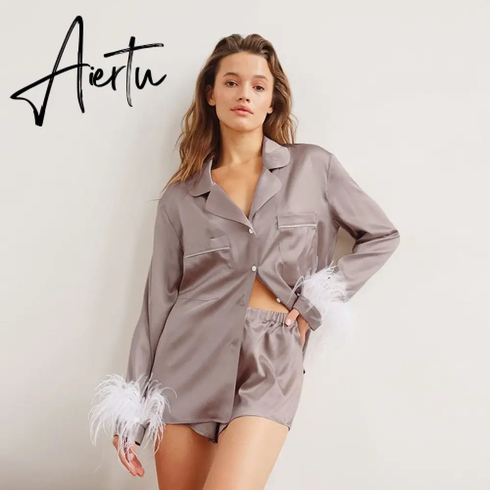 Trendy Women Pajamas Set Autumn Casual Lapel Tops + Feather 2Pcs Pants Suits Sexy Lingerie Nightwear Silk Satin Pyjamas pjs Suit Aiertu