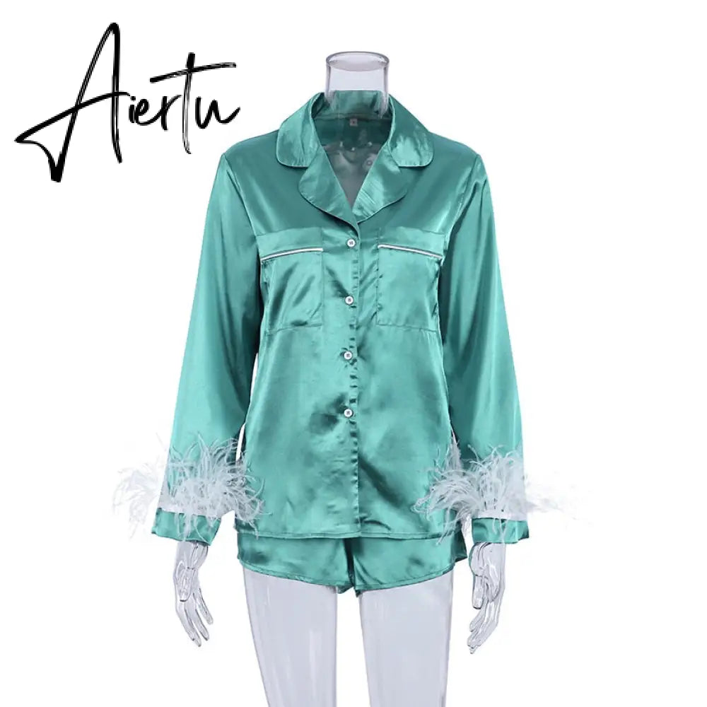 Trendy Women Pajamas Set Autumn Casual Lapel Tops + Feather 2Pcs Pants Suits Sexy Lingerie Nightwear Silk Satin Pyjamas pjs Suit Aiertu