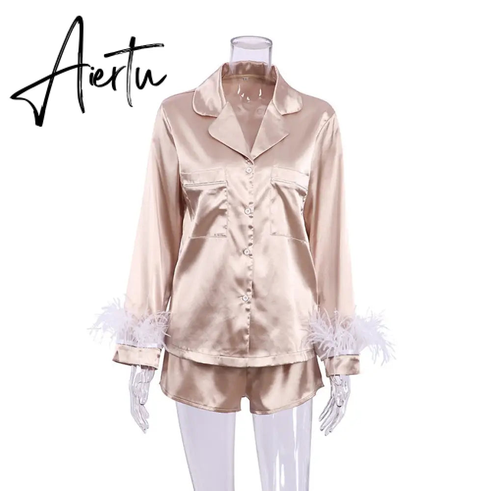 Trendy Women Pajamas Set Autumn Casual Lapel Tops + Feather 2Pcs Pants Suits Sexy Lingerie Nightwear Silk Satin Pyjamas pjs Suit Aiertu