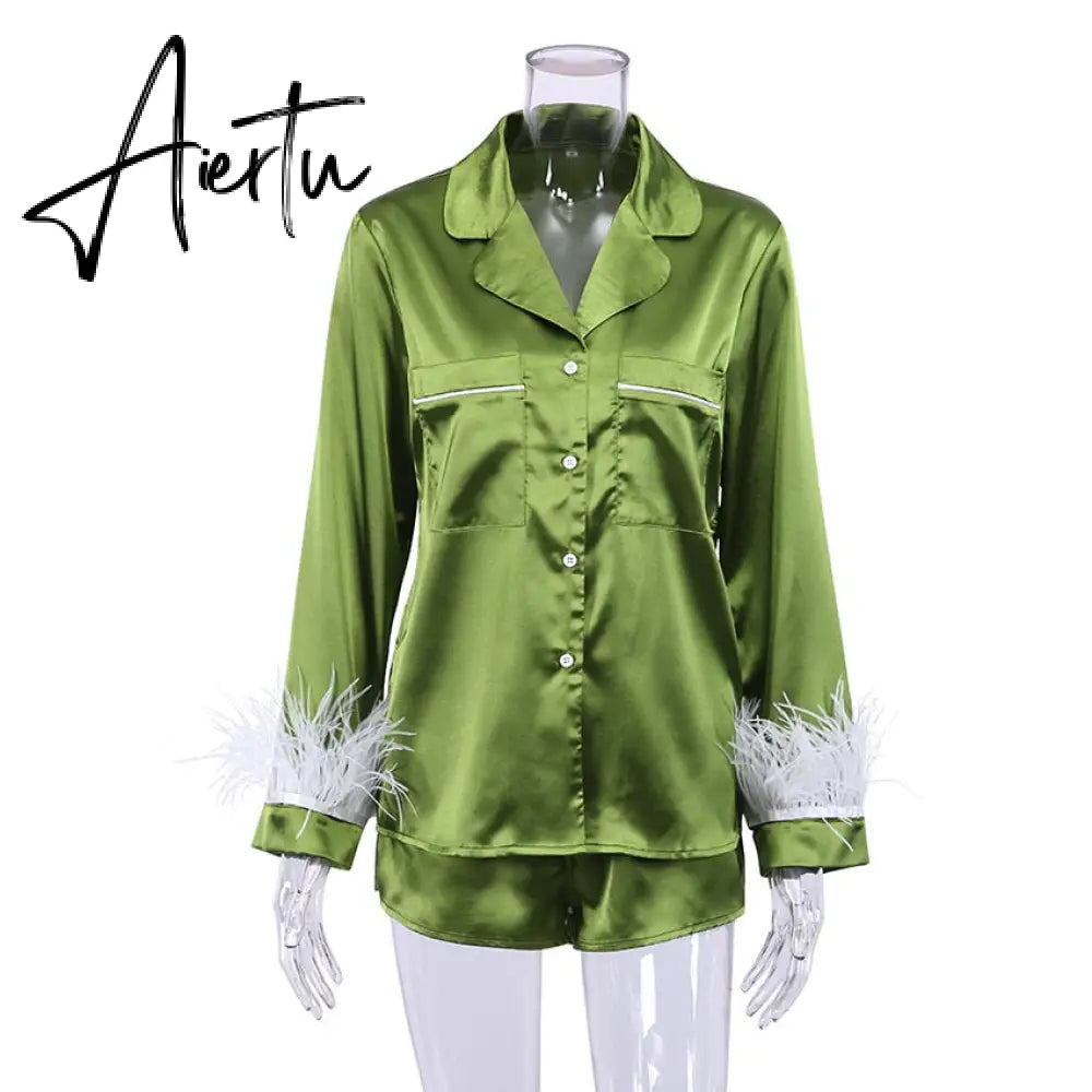 Trendy Women Pajamas Set Autumn Casual Lapel Tops + Feather 2Pcs Pants Suits Sexy Lingerie Nightwear Silk Satin Pyjamas pjs Suit Aiertu
