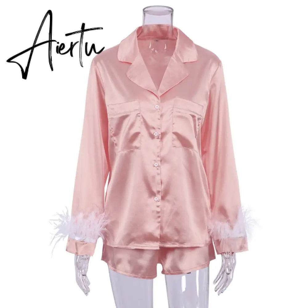 Trendy Women Pajamas Set Autumn Casual Lapel Tops + Feather 2Pcs Pants Suits Sexy Lingerie Nightwear Silk Satin Pyjamas pjs Suit Aiertu