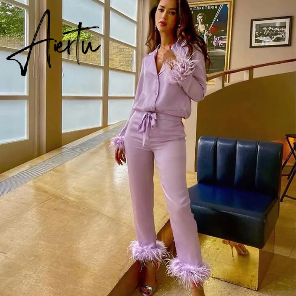 Trendy Women Pajamas Set Autumn Casual Lapel Tops + Feather 2Pcs Pants Suits Sexy Lingerie Nightwear Silk Satin Pyjamas pjs Suit Aiertu