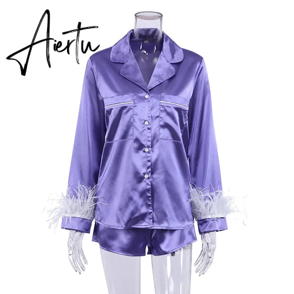 Trendy Women Pajamas Set Autumn Casual Lapel Tops + Feather 2Pcs Pants Suits Sexy Lingerie Nightwear Silk Satin Pyjamas pjs Suit Aiertu