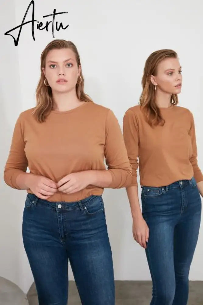 Trendyol Long Sleeve Cycling Neck Basic Knitted T-Shirt TWOAW21TS0098 футболка топ футболка женский tops футболки топ женский топы Aiertu