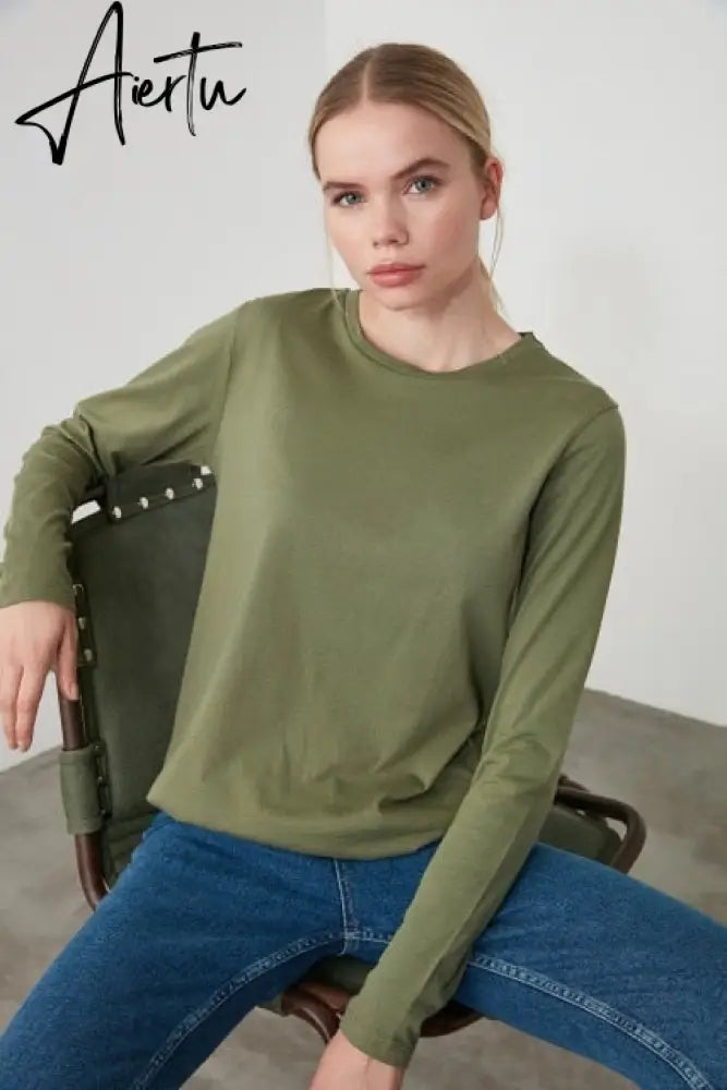 Trendyol Long Sleeve Cycling Neck Basic Knitted T-Shirt TWOAW21TS0098 футболка топ футболка женский tops футболки топ женский топы Aiertu