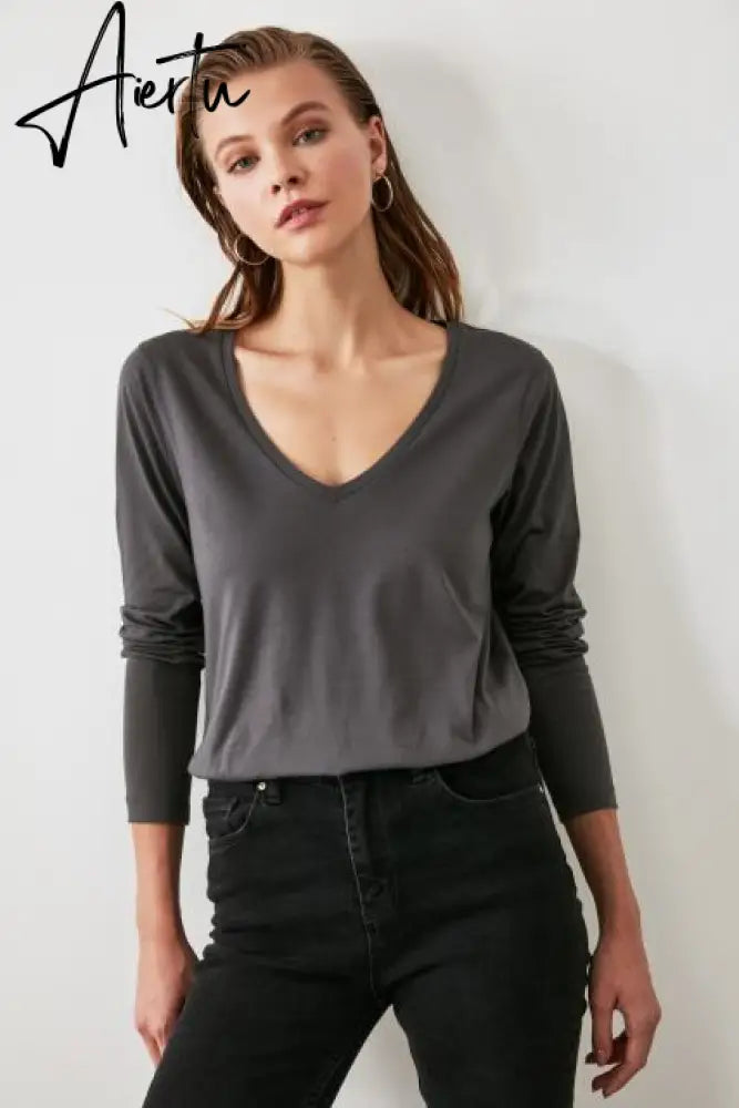 Trendyol Long Sleeve Cycling Neck Basic Knitted T-Shirt TWOAW21TS0098 футболка топ футболка женский tops футболки топ женский топы Aiertu