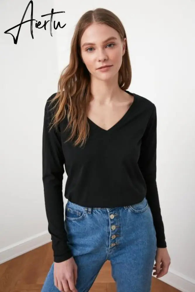 Trendyol Long Sleeve Cycling Neck Basic Knitted T-Shirt TWOAW21TS0098 футболка топ футболка женский tops футболки топ женский топы Aiertu