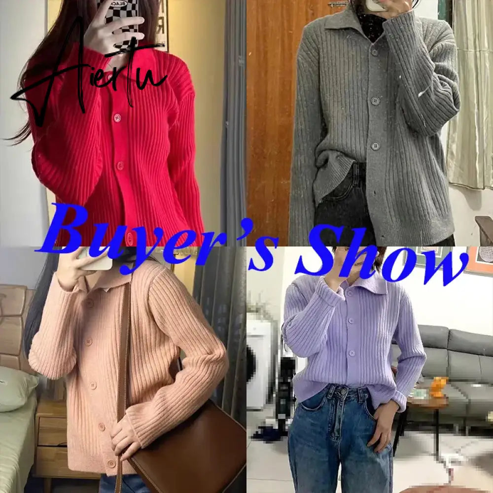 Turn Down Knit Cardigan Women Autumn Winter Button Up Solid Color Sweater Coats Woman Long Sleeve Soft Cardigans Ladies Aiertu