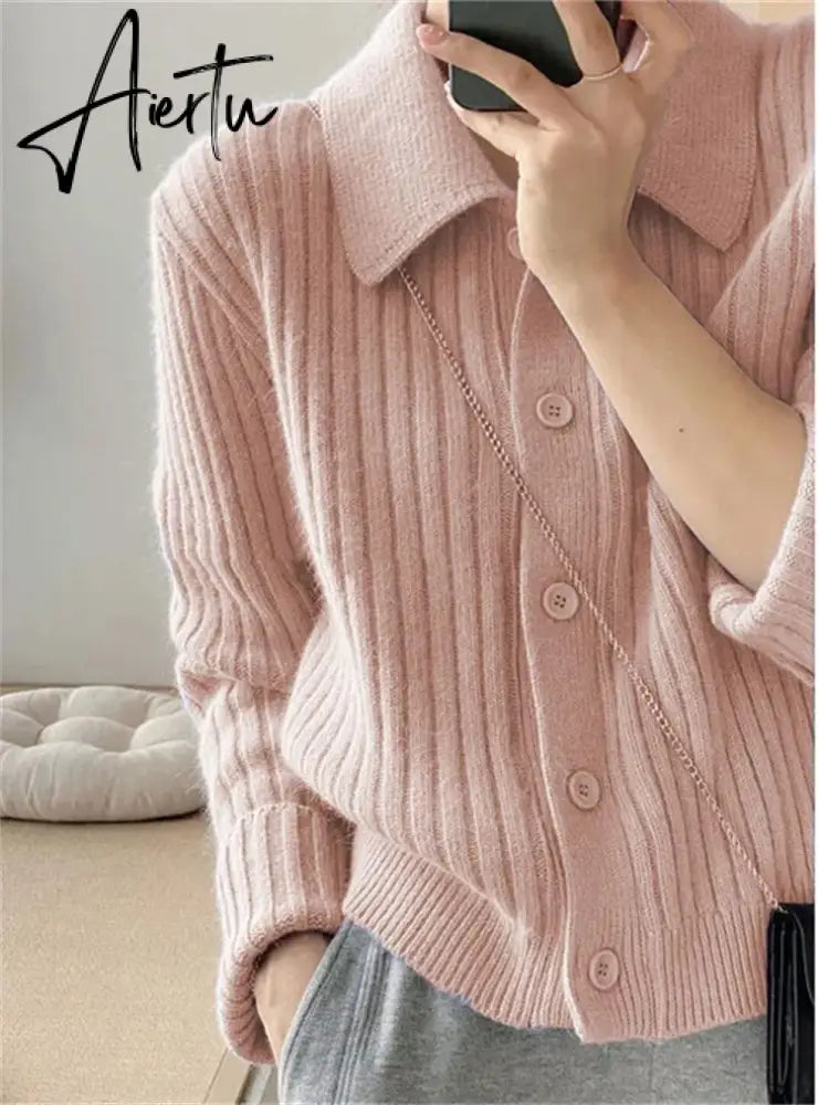 Turn Down Knit Cardigan Women Autumn Winter Button Up Solid Color Sweater Coats Woman Long Sleeve Soft Cardigans Ladies Aiertu