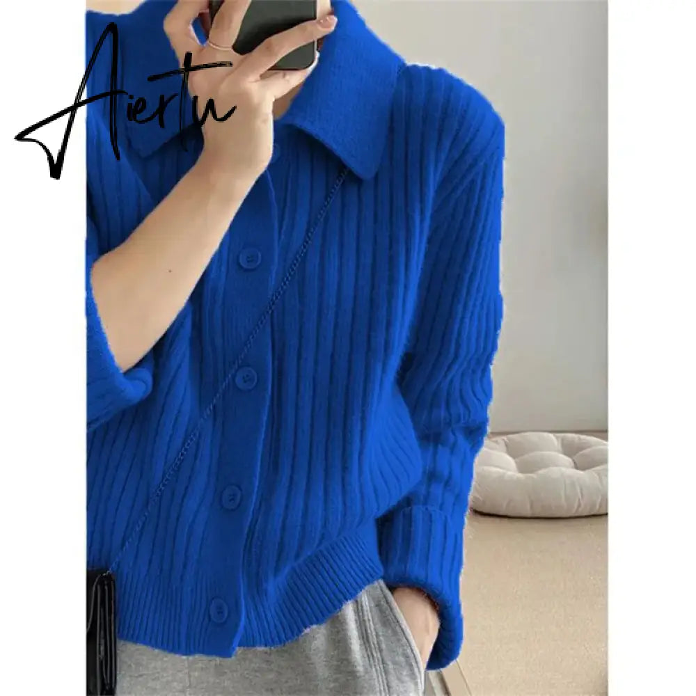 Turn Down Knit Cardigan Women Autumn Winter Button Up Solid Color Sweater Coats Woman Long Sleeve Soft Cardigans Ladies Aiertu