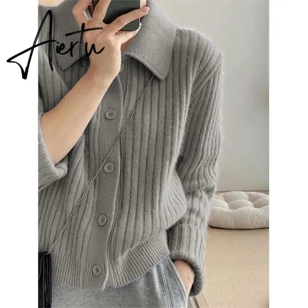 Turn Down Knit Cardigan Women Autumn Winter Button Up Solid Color Sweater Coats Woman Long Sleeve Soft Cardigans Ladies Aiertu