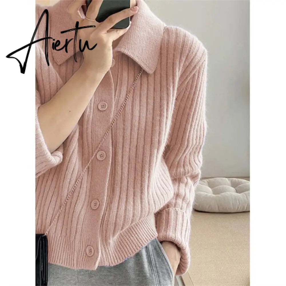 Turn Down Knit Cardigan Women Autumn Winter Button Up Solid Color Sweater Coats Woman Long Sleeve Soft Cardigans Ladies Aiertu