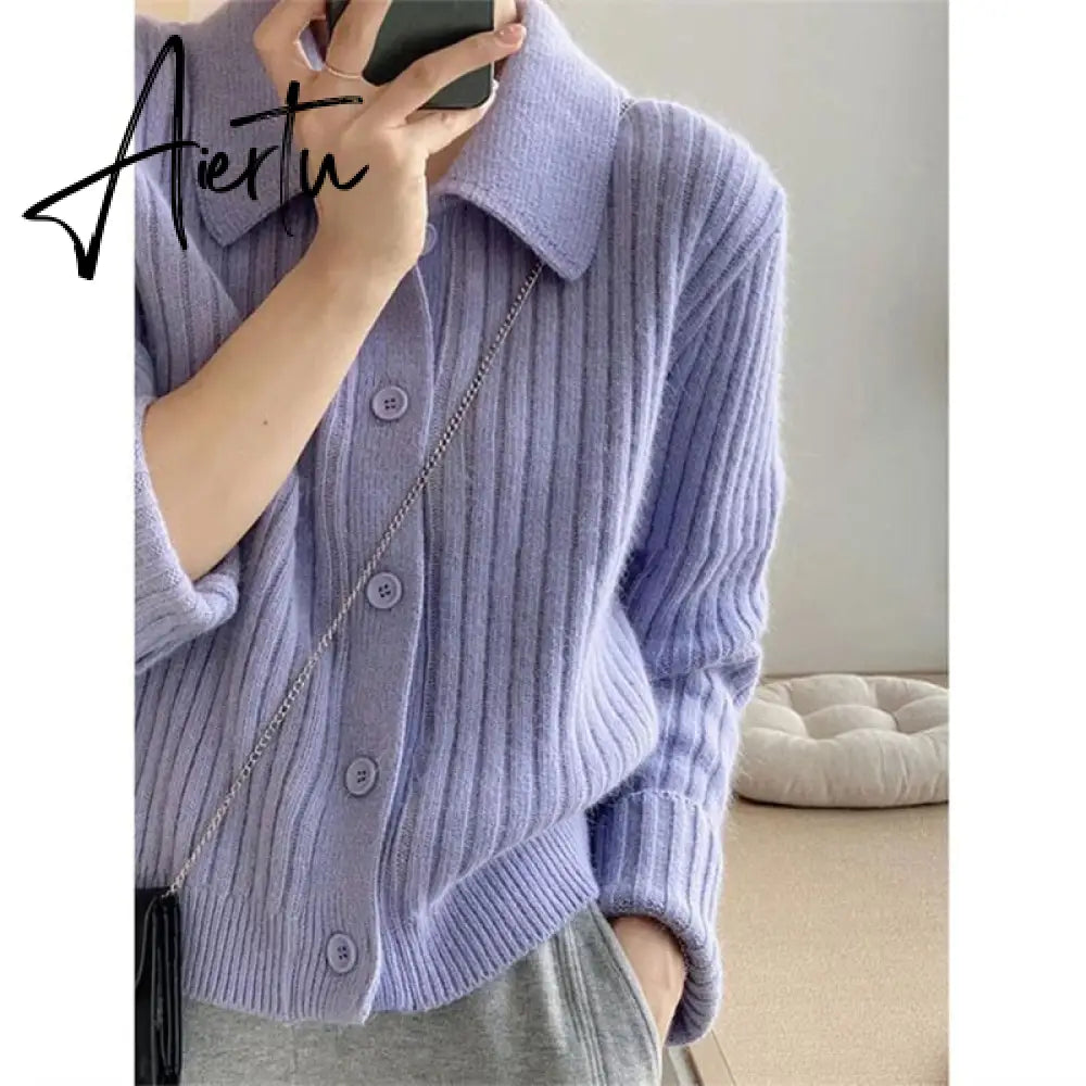 Turn Down Knit Cardigan Women Autumn Winter Button Up Solid Color Sweater Coats Woman Long Sleeve Soft Cardigans Ladies Aiertu