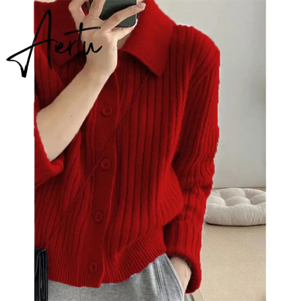 Turn Down Knit Cardigan Women Autumn Winter Button Up Solid Color Sweater Coats Woman Long Sleeve Soft Cardigans Ladies Aiertu